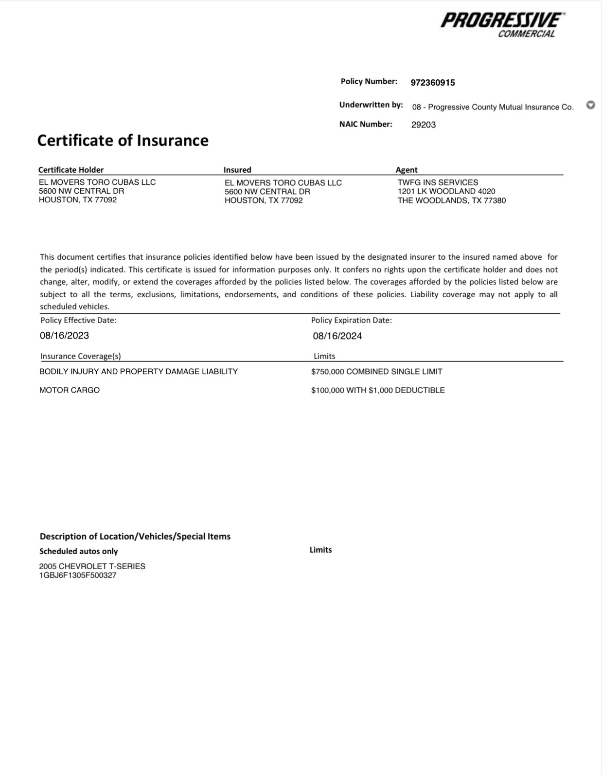 El Movers Toro — Licensed & Insured Certification